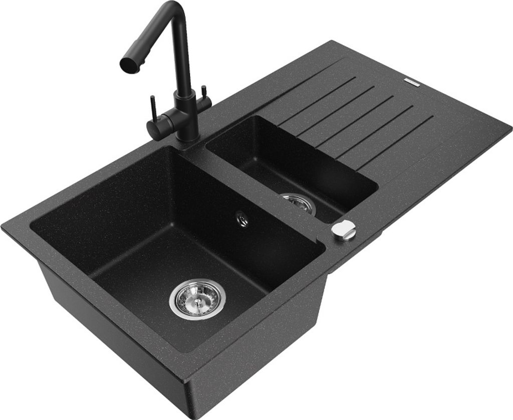 Mexen Matias 1,5-Becken-Granitspüle mit Abtropffläche und Mischbatterie Duero, Schwarz/Silbermetallic- 6502-73-671600-70