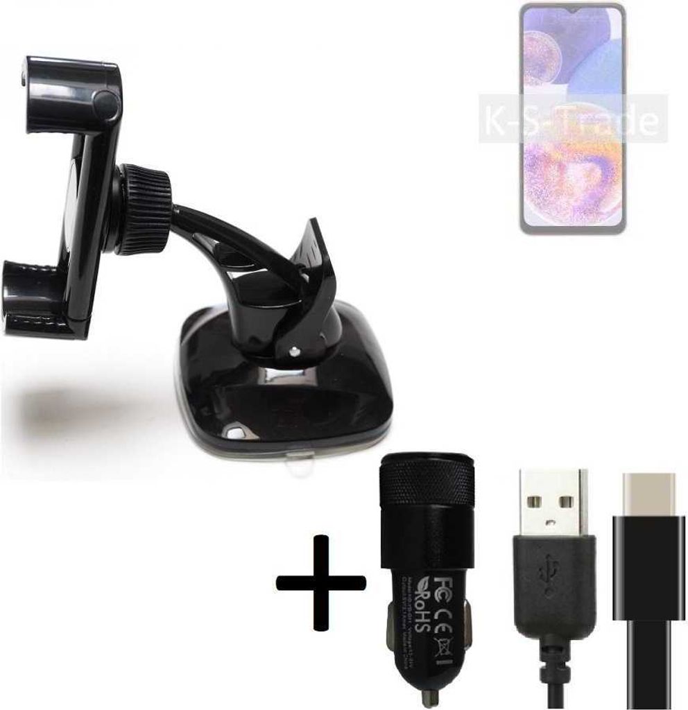 K-S-Trade Handy-Halterung kompatibel mit Samsung Galaxy A23 Windschutzscheibe / Armaturenbrett + LADEGERÄT mit Mico USB Kabel Autohalterung