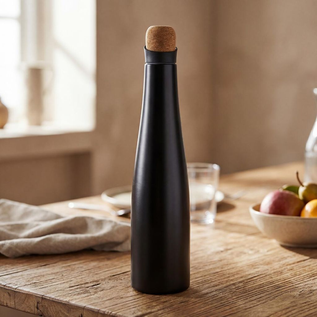 Karaffe mit Korkdeckel 750 ml - auslaufsichere Thermokanne aus Edelstahl - doppelwandige Wasserkaraffe mit Deckel - Wasserkrug ideal für kalte Erf...