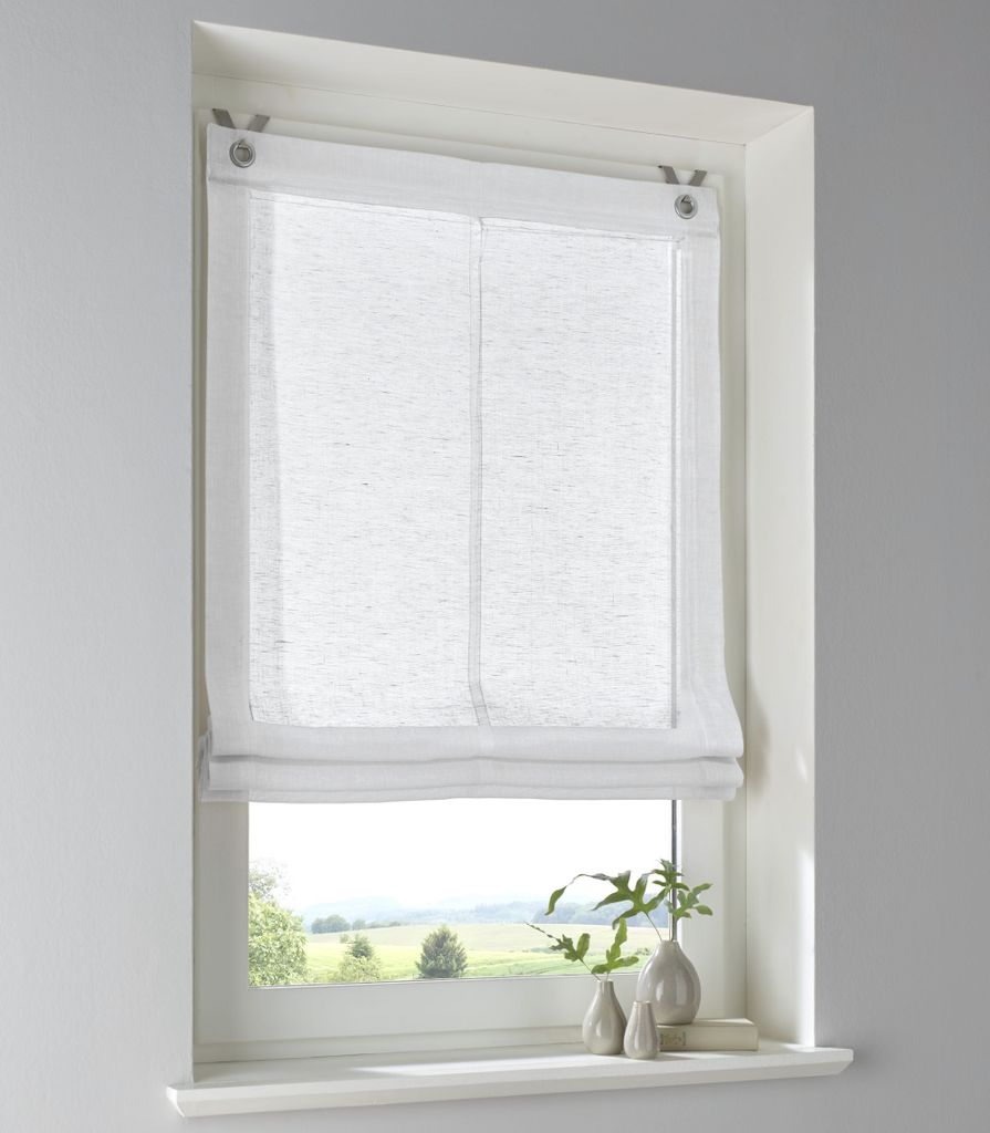 Raffrollo mit Ösen Brondy weiss halbtransparent Leinenoptik Raffgardine mit Hakenaufhängung ohne Bohren Breite 45 cm x Höhe 140 cm