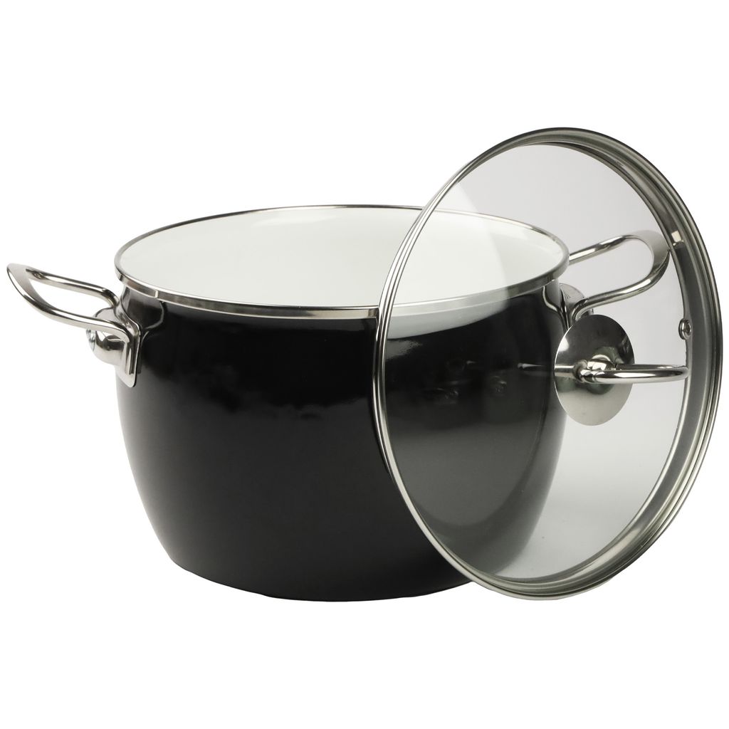A black enamel pot with a glass lid is shown against a white background.