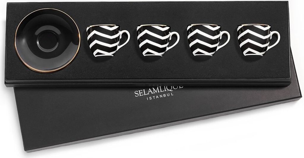 Türkisches Kaffeeset mit 4 Tassen und Untertassen, schwarze Wolle - Selamlique