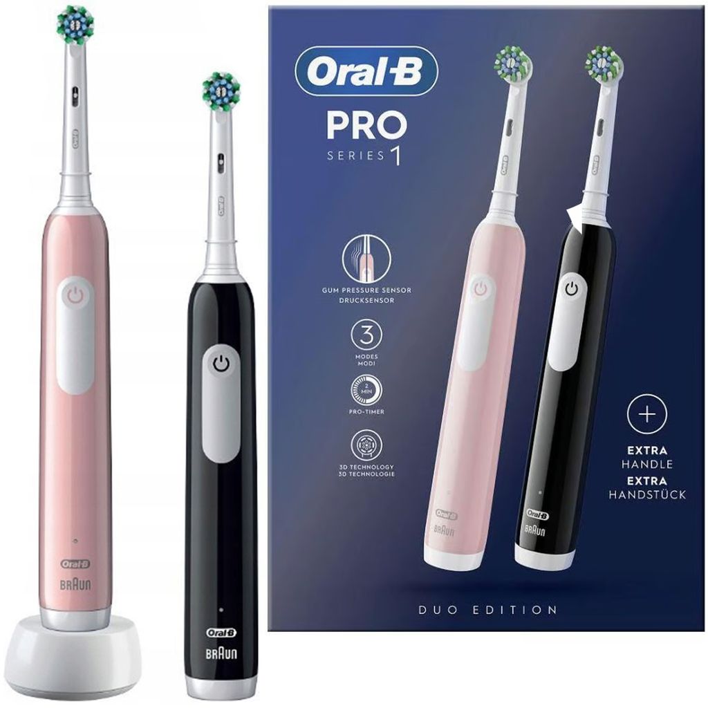 A product shot of two Oral-B Pro 1 electric toothbrushes, one pink and one black, displayed next to their packaging which highlights product features.