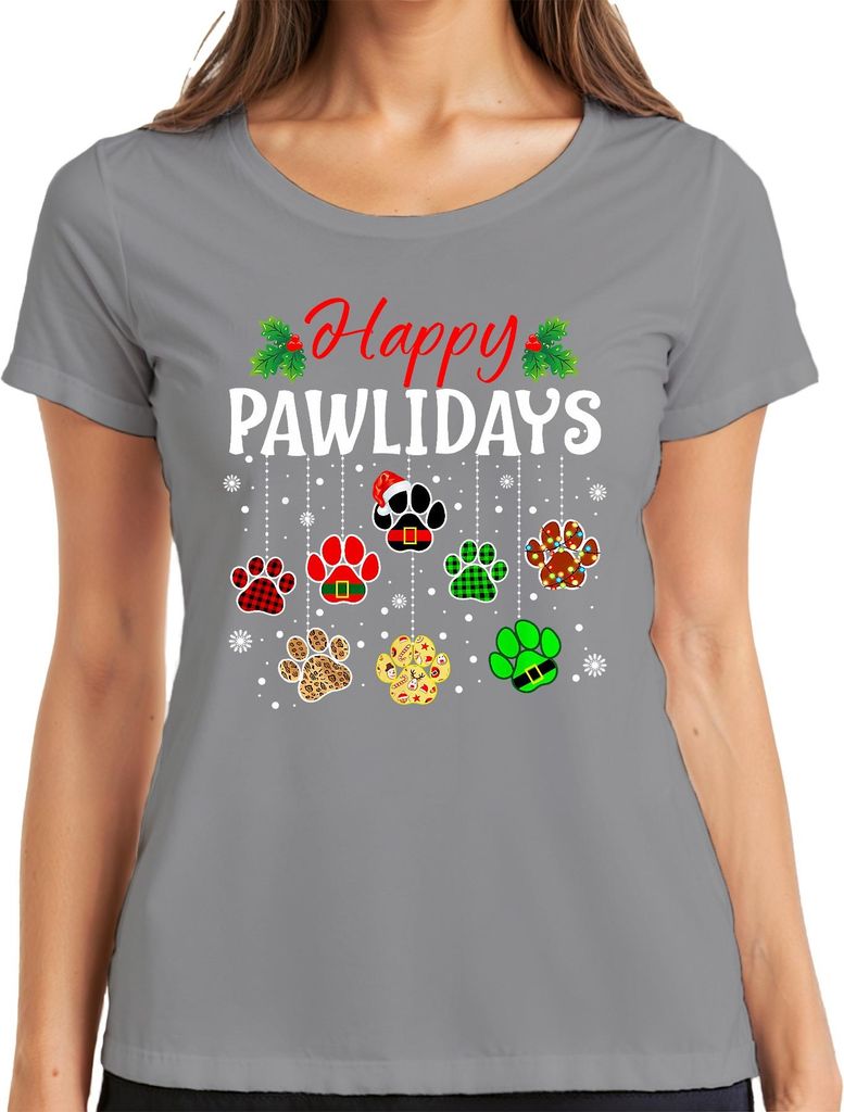 Happy Pawlidays Hunde Katzen Weihnachten Pfoten Geschenk Lustig Damen T-Shirt, Grau, XL