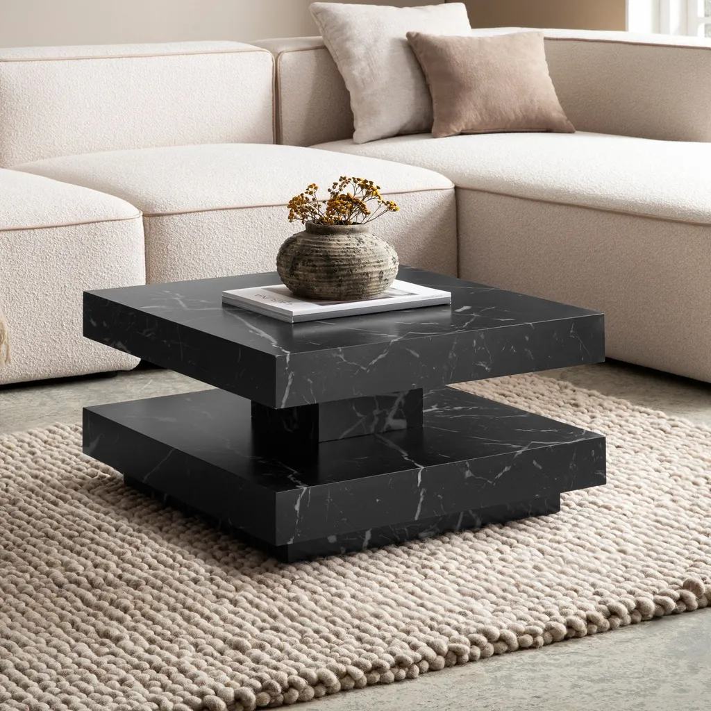 WOHNLING Tavolino da caffè 60x60x34 cm Tavolo da divano nero in marmo Design moderno Tavolo da soggiorno con contenitore Tavolo da salotto quadrato Tavolino da caffè piccolo