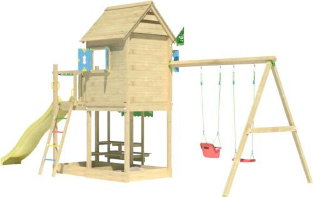 Doppelschaukel Spielhaus mit Stelzen Jungle Gym 678 x 265 cm Holz gelb