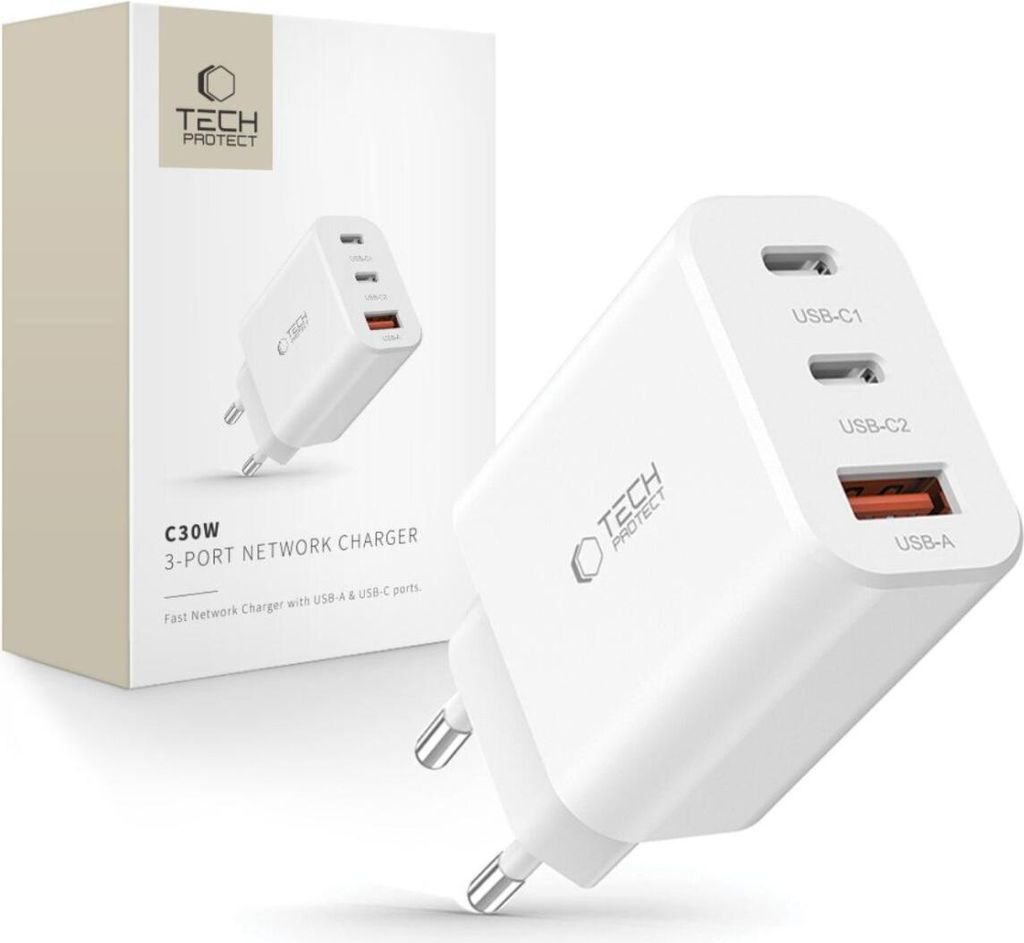 Steckbares Ladegerät 2x USB-C PD / USB-A QC 30W - weiß