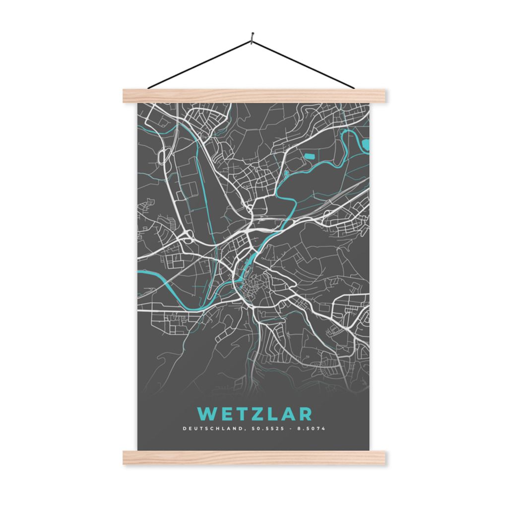 MuchoWow Textilposter Blau - Deutschland - Karte - Stadtplan - Wetzlar 60x90 cm mit holzfarbenen Rahmen - Textil