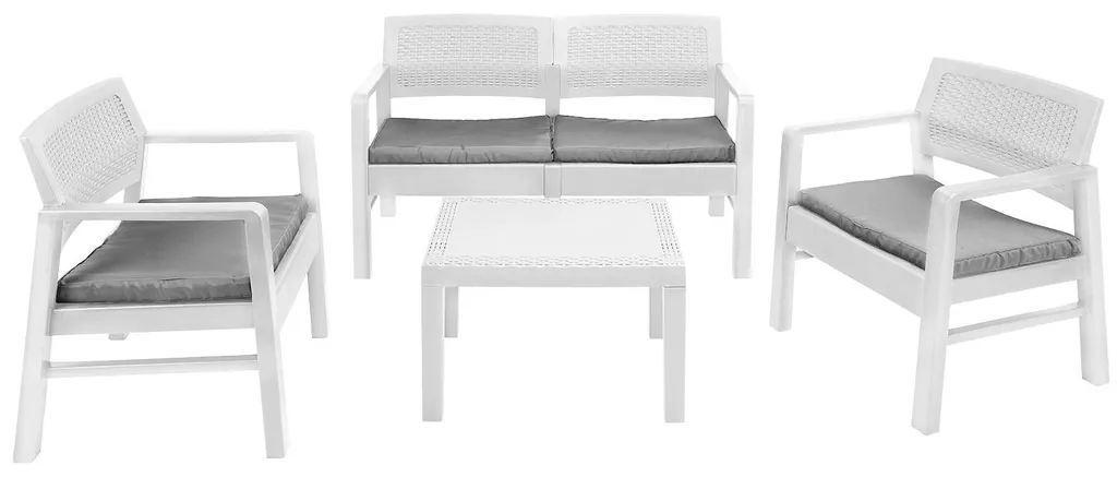 Salon de jardin 4 places en résine blanche, canapé et fauteuils design