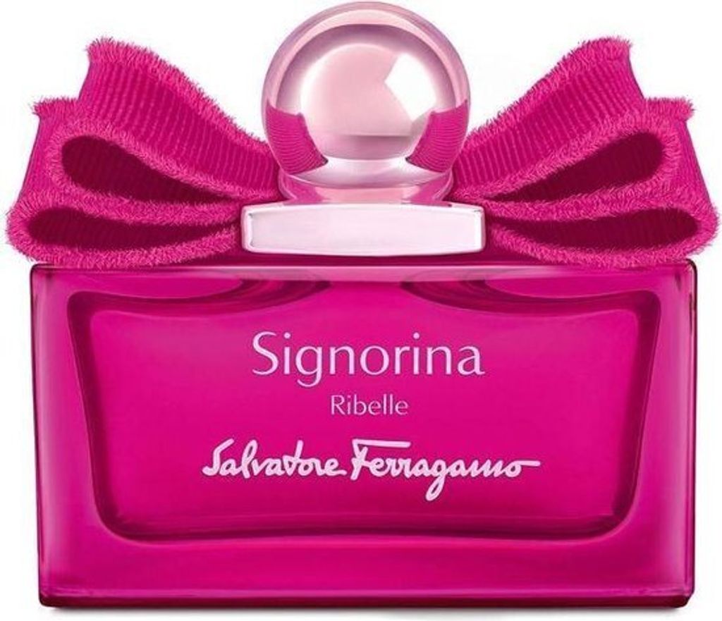 A studio shot of a pink Salvatore Ferragamo Signorina Ribelle Eau de Parfum bottle with a large pink bow on top.