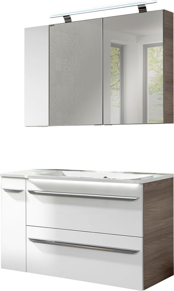 Fackelmann LUXOR Badmöbel Set 5-teilig 100 cm, Braun/Weiß + LED-Spiegelschrank + Badschränke links