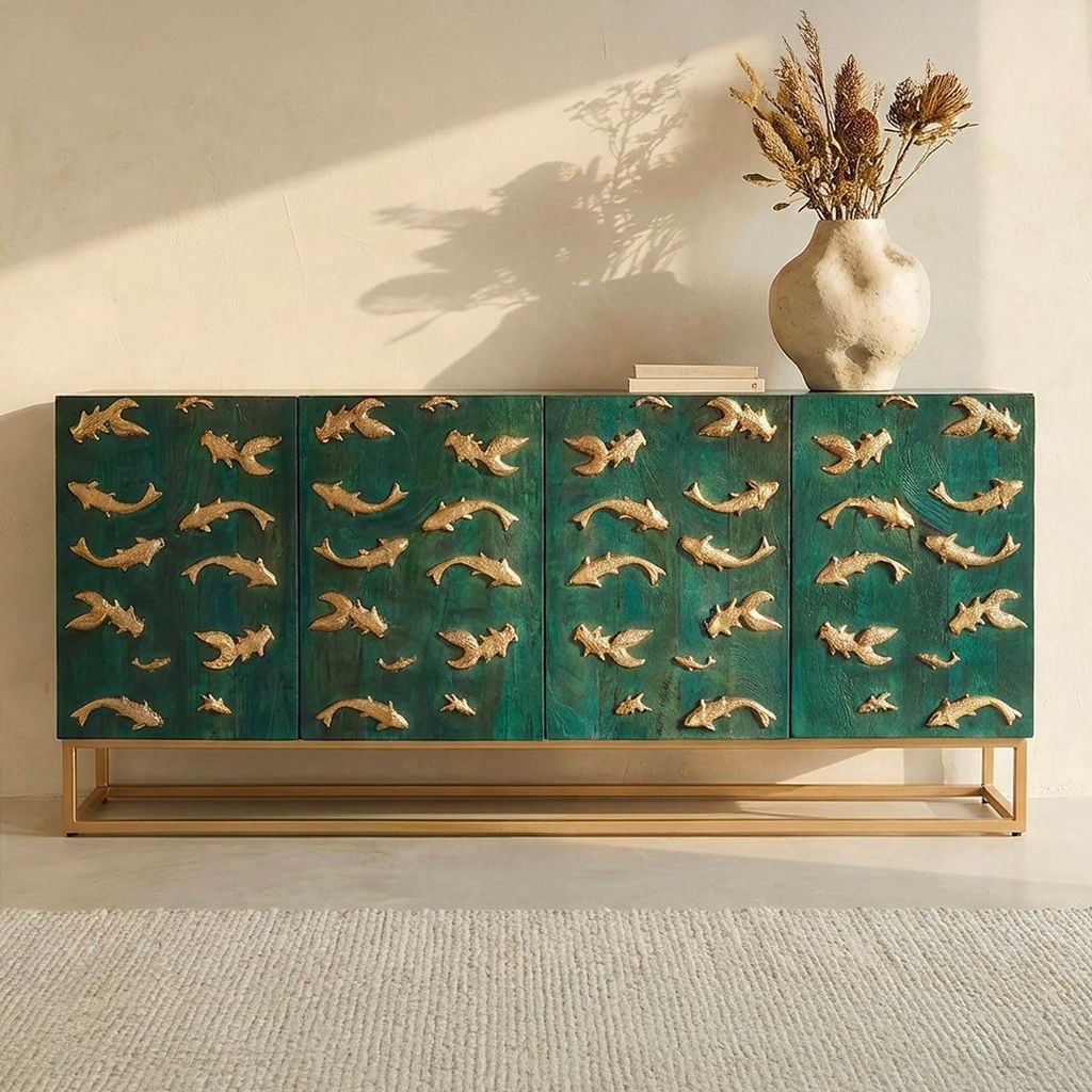 riess-ambiente Massives Sideboard GOLDEN LAGOON 180cm türkis gold Mangoholz Metall 3D-Front Fische