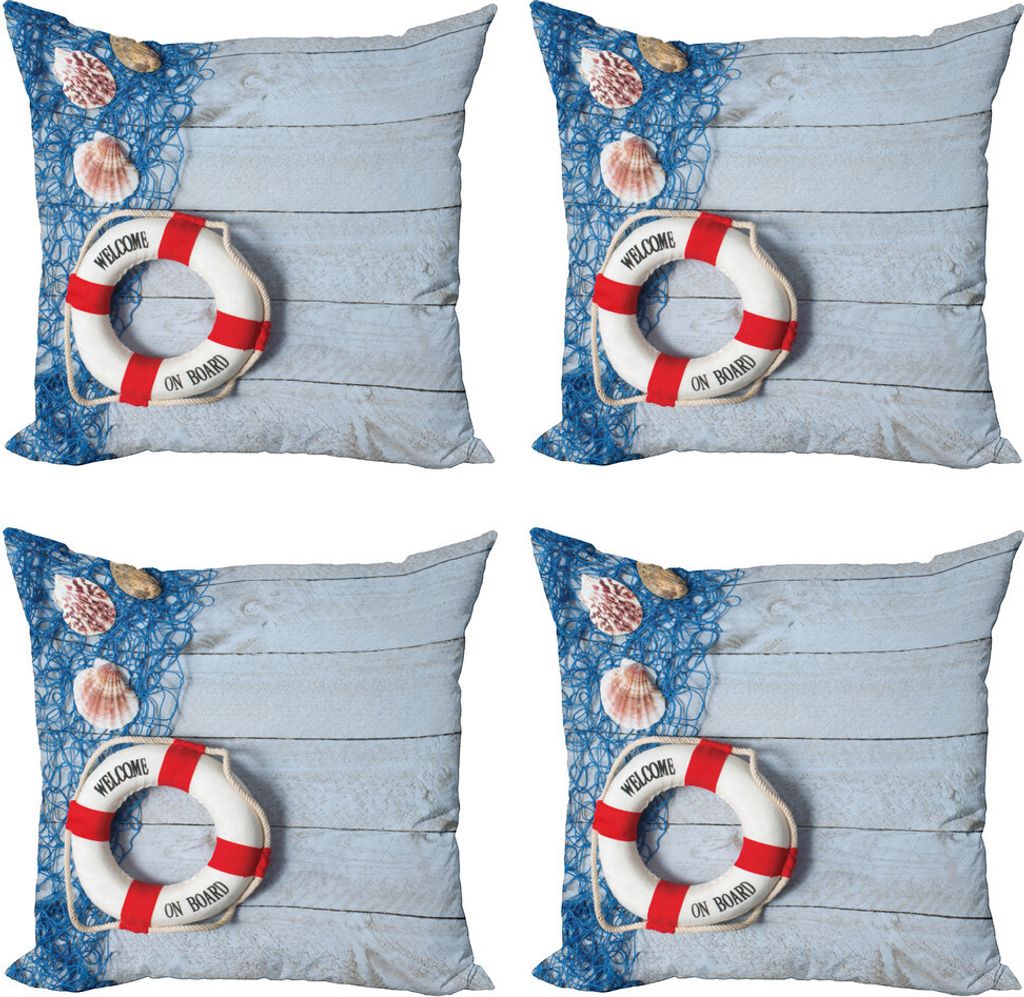 ABAKUHAUS Boje Kissenbezug Set (4 Stück), Fischernetz Holz Seashell, Moderner Doppelseitiger Digitaldruck, 60 cm x 60 cm, Staub, Blau, Rot