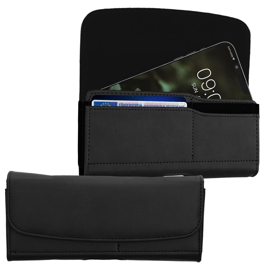 kwmobile Handy Gürteltasche mit Kartenfächern - Hülle 17,2 x 8,5 cm Kunstleder Handytasche mit Gürtelschlaufe Clip Schwarz