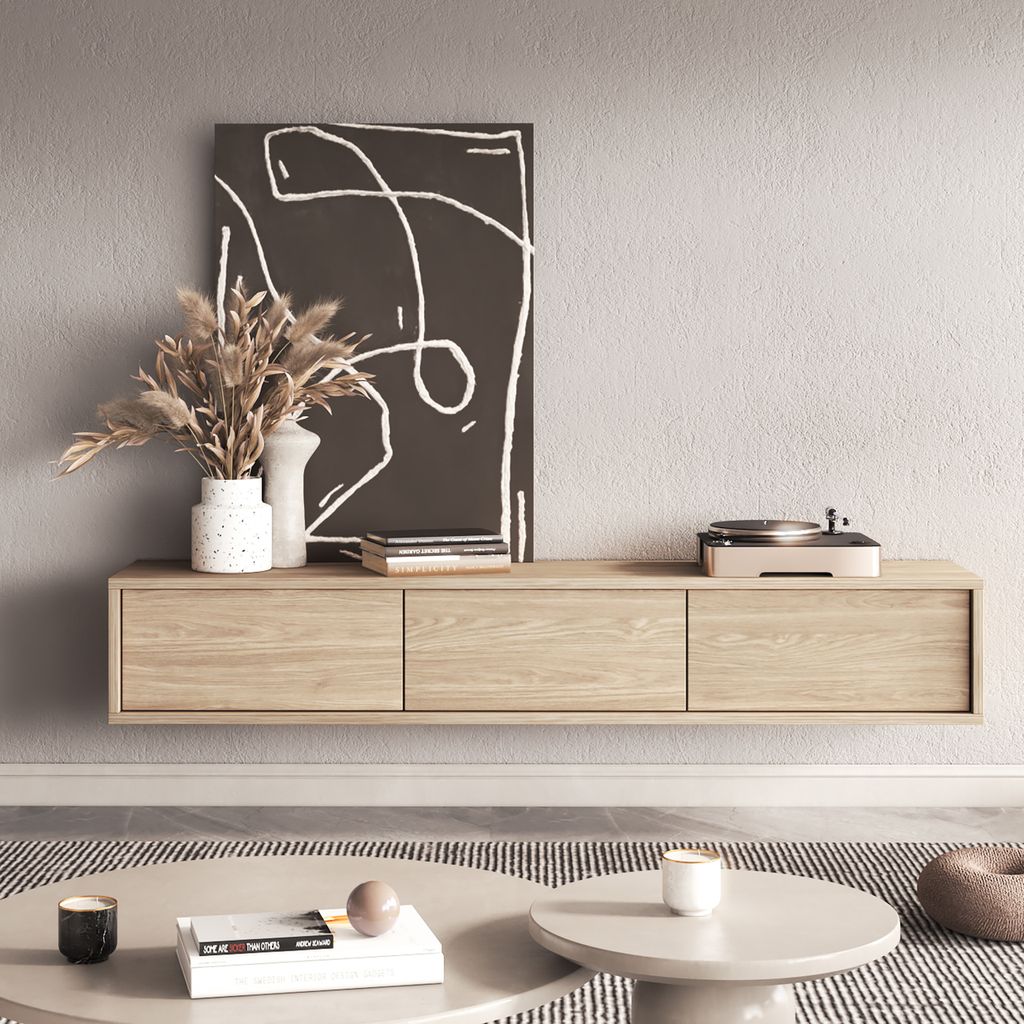 Masseno TV-Schrank LIVIA 180 cm Fernsehschrank mit 3 Türen TV-Lowboard für Wohnzimmer Modern 180x36x32 cm Eichefarben / Eichefarben