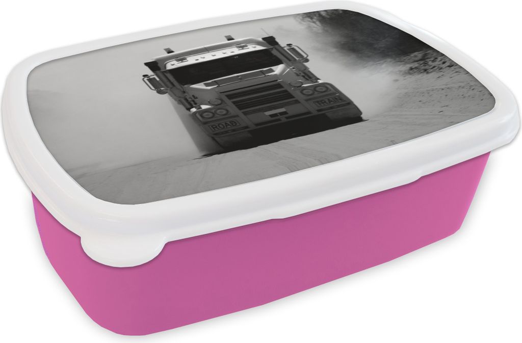 KitchenYeah Lunchbox Brotzeit Brotdose 17x11 cm Robuster Lastwagen, der im Sand fährt - schwarz und weiß Kinder Brotzeitdose - Lunchpaket - Bro...