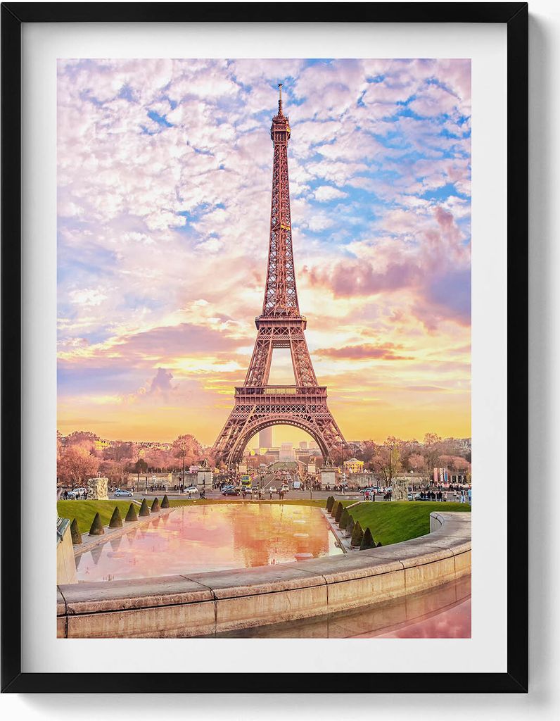Romantischer Blick auf den Eiffelturm in Paris– Wandbild mit Rahmen – Gerahmtes Bild – Wanddekoration – 60x80 cm – Schwarz Rahmen