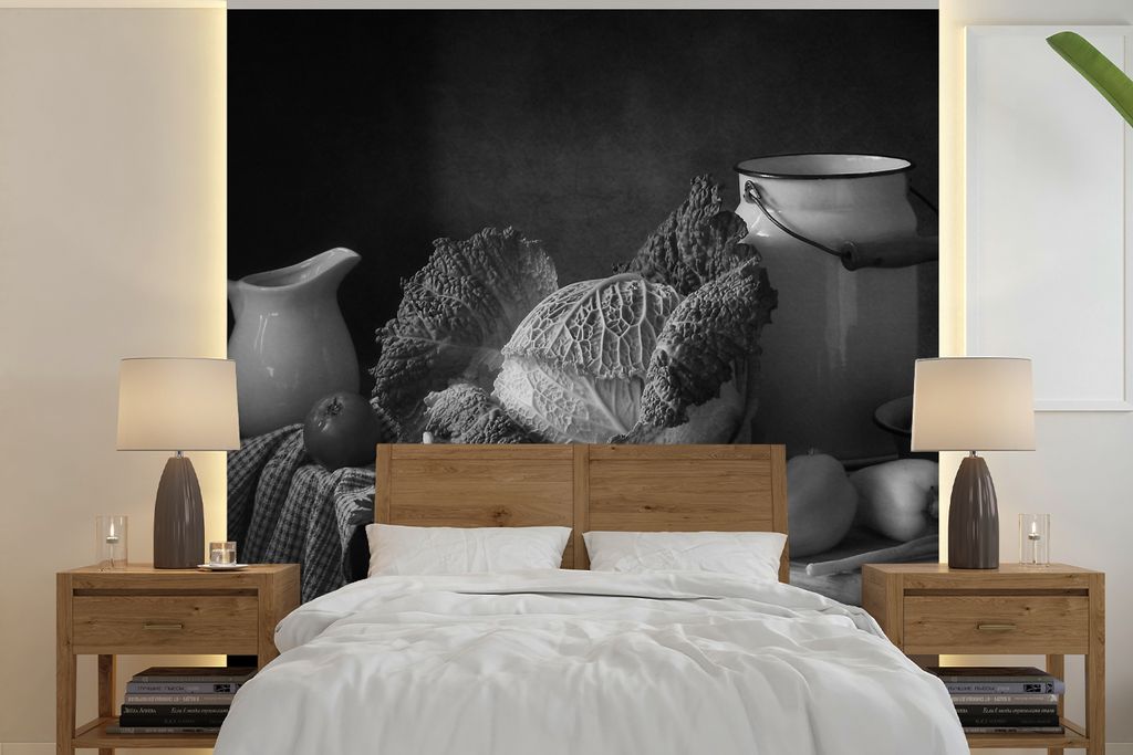 MuchoWow Fototapete für Wohnzimmer oder Schlafzimmer Wandtapete Vinyl Motivtapete Stilleben - Kohl - Schwarz - Weiß - 350x350 cm - Schlafzimmer...