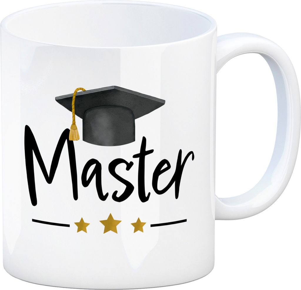 Master bestanden Kaffeebecher mit Masterhut