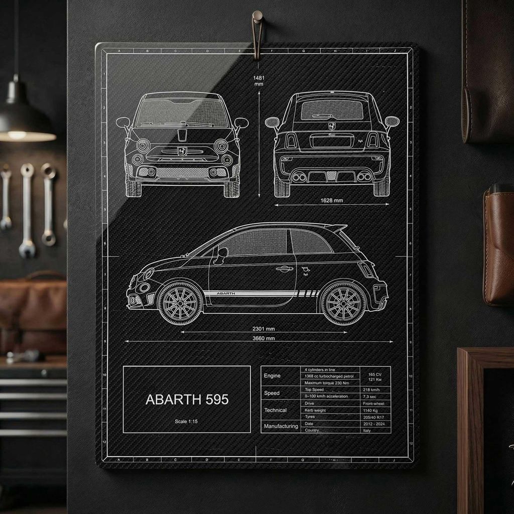 Poster Abarth 595 Wanddekoration in echter Carbonfaser-Optik, 39,5 × 29,7 cm