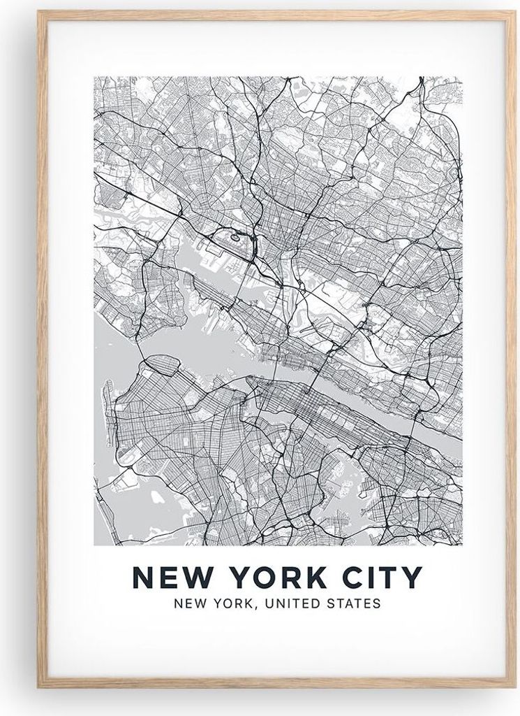 Gerahmtes Poster - Rahmen in heller Eiche - Neu York Karte - 70x100 cm - Wand Bild - Wanddeko - Wandbilder - Kunstposter - Wandposter - Bilderrahme...