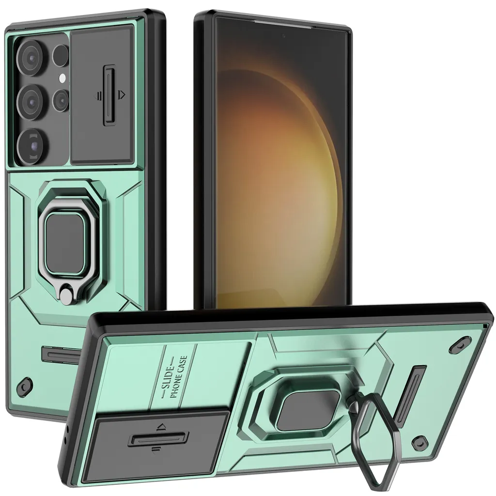 Custodia per Samsung Galaxy S24 Ultra a doppio strato con protezione fotocamera scorrevole e supporto per anello, verde stand