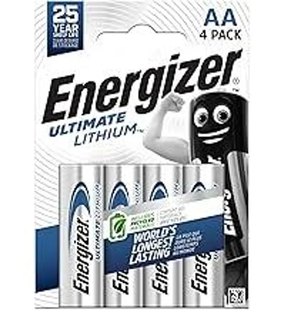 Energizer Ultimate Lithium Battery AA (4 pezzi) - Le batterie AA più durature al mondo - Costruzione al 100% a prova di perdite - Confezione al 100% senza plastica - Durata di conservazione di 25 anni