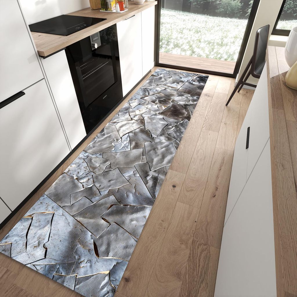 Küchenteppich 80x300cm rutschfest & abwischbar PVC Läufer - Metallisches Mosaik