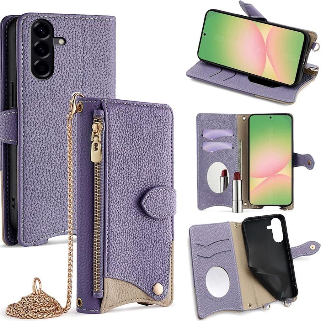 Für Samsung Galaxy A56 Design Crossbody Chain Kunstleder Schutz Tasche Lila