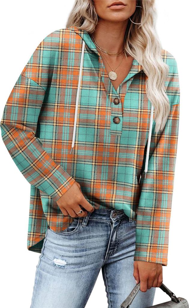 ASKSA Damen Kapuzenpullover V-Ausschnitt Kariertes Knopfleiste Leichter Lockere Langarm Hoodie Sweatshirt (Orange,XL)