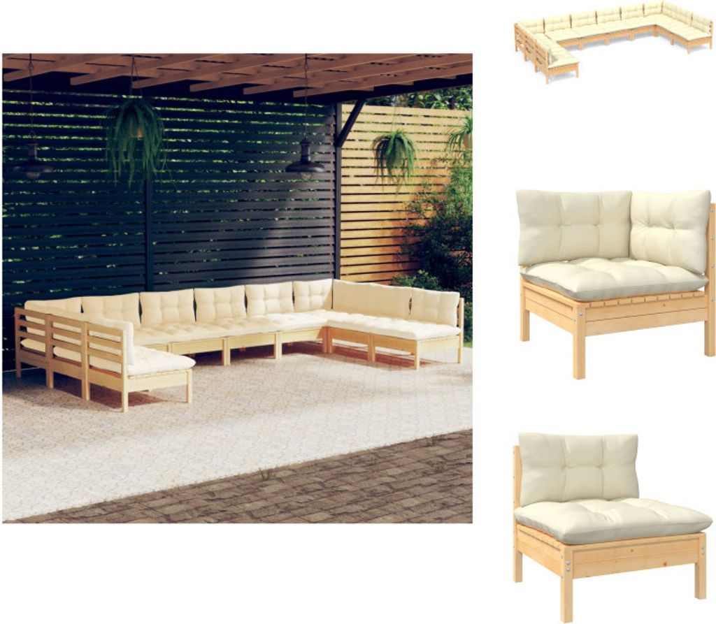 vidaXL 10-tlg. Garten-Lounge-Set mit Creme Kissen Massivholz Kiefer - Gartenmöbel-Sets
