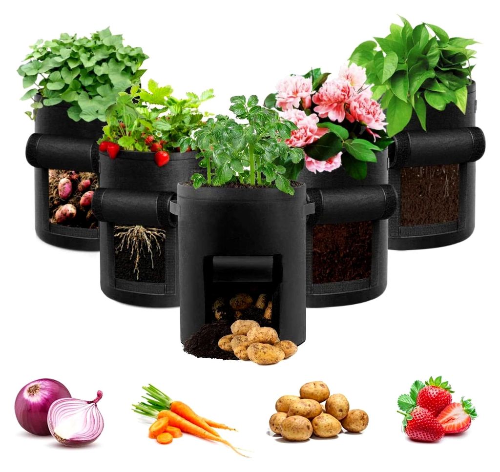 Kartoffelanbau Tasche, 5er-Pack 10 Gallonen Gemüse Anbau Taschen mit Sichtfenster und Griffen für Gemüse, Obst, Blumen, Kartoffeln (Schwarz)