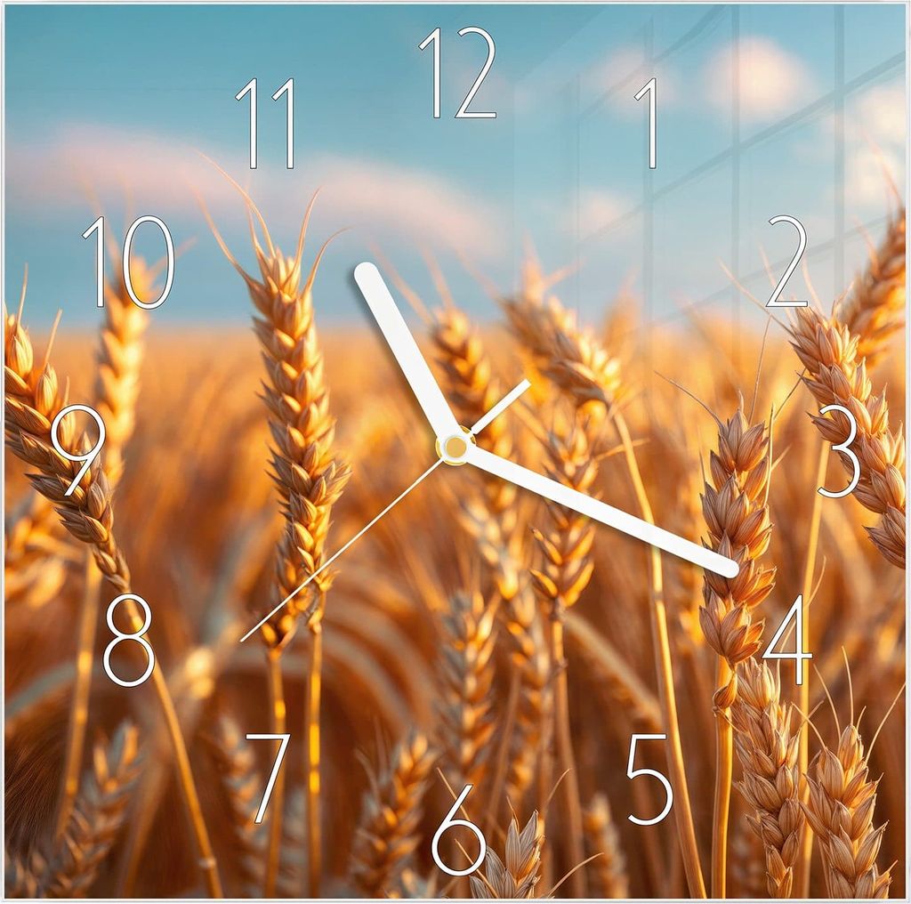 Wanduhr aus Glas mit Motiv Weizenfeld Sonnenuntergang- 30 x 30 cm - inkl. Aufhängesystem