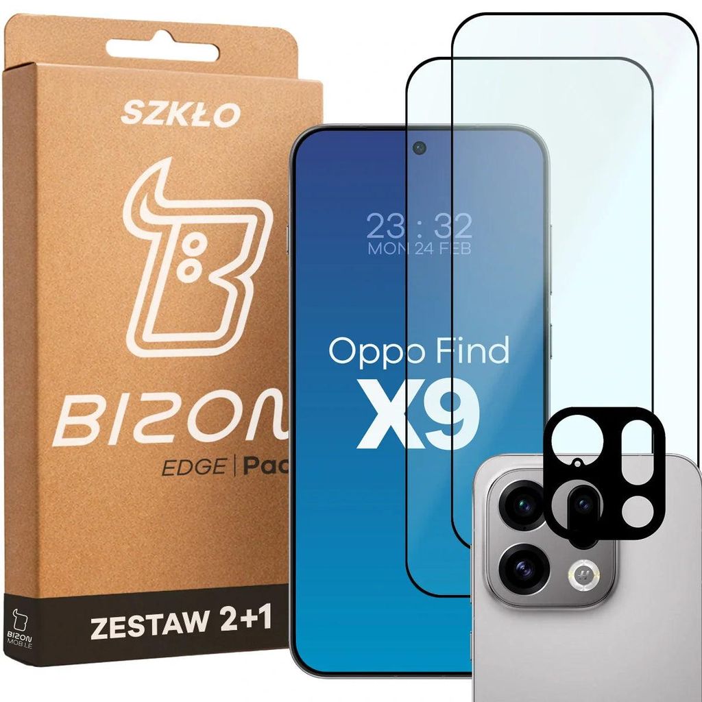 2x Gehärtetes Glas + Kameraschutz für Oppo Find X9, Bizon Glass Edge Pack, Schwarz