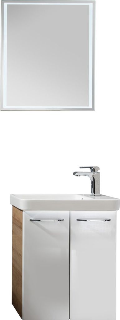 FACKELMANN MILANO Gäste WC Set 5 Teile / Waschbecken / Waschbeckenunterschrank / Waschbeckenbeleuchtung / Armatur / LED-Spiegel / Badmöbel Set / ...