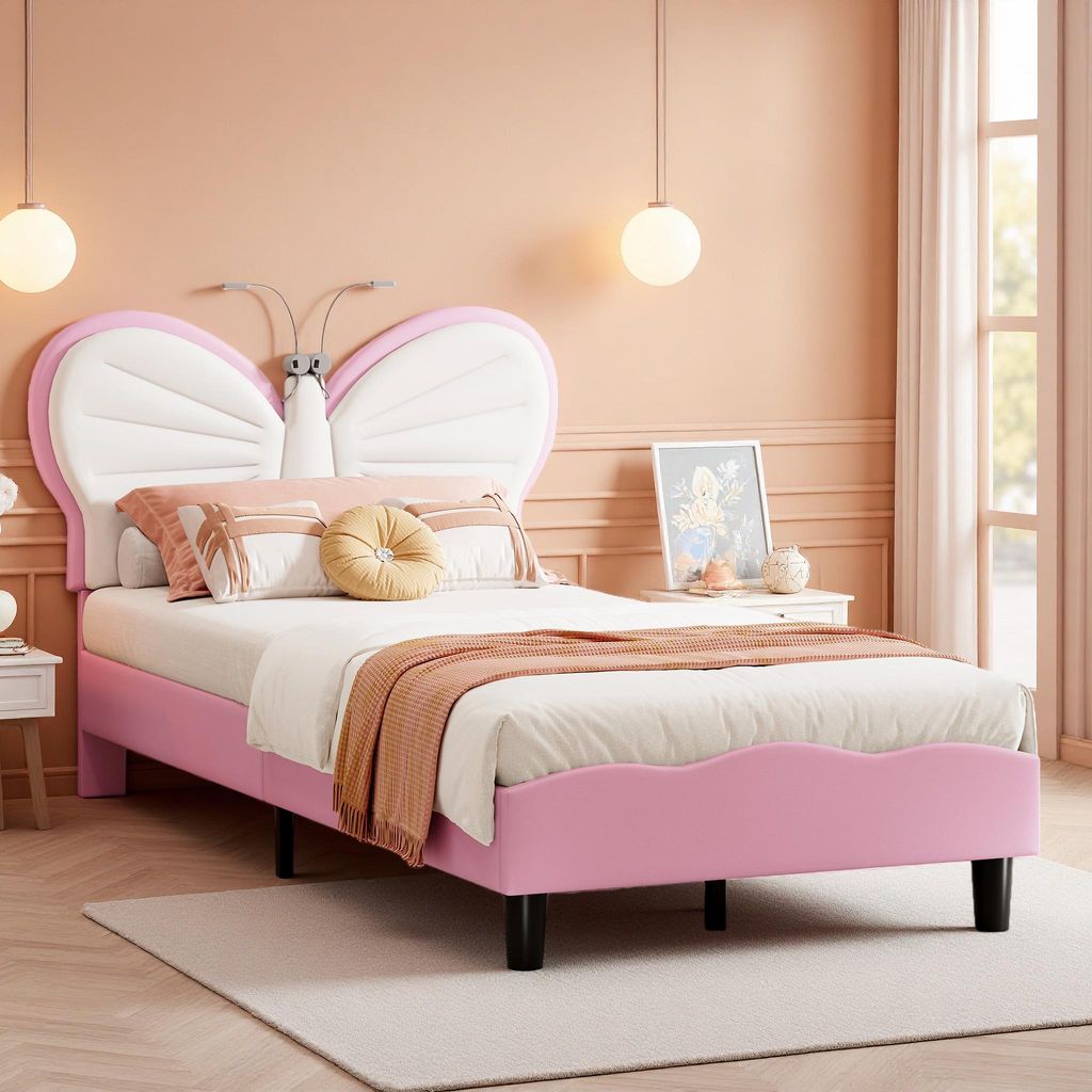UnboxG Kinderbett 90x190 cm Weiß-Rosa Kunstleder mit Schmetterling-Motiv, Höhenverstellbar, 2 LED Leselampen