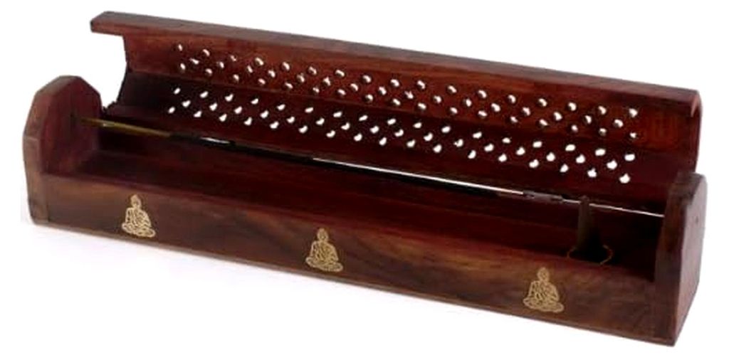 Box für Räucherstäbchen und Räucherkerzen aus Holz und Messing mit drei Buddhas