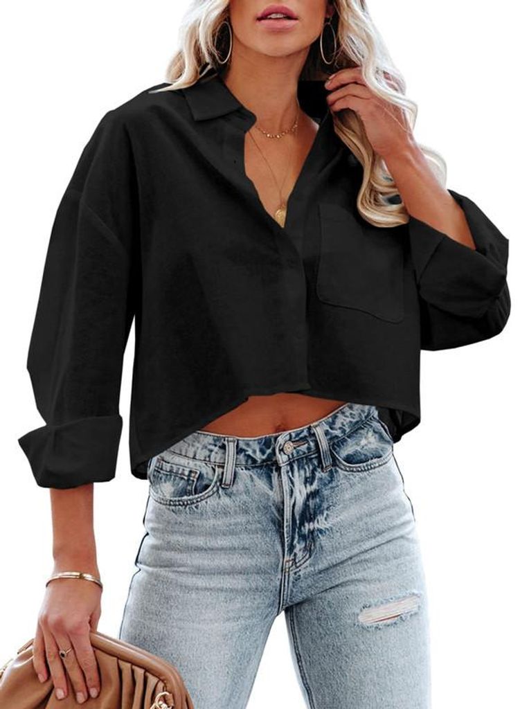 Damen-Crop-Bluse mit Knopfleiste, langen Ärmeln, lässigem Crop-Top, einfarbigem Reverskragen und Brusttasche,Größe:L