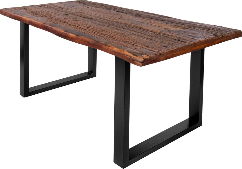 Esstisch 160x90 cm Ramon, recyceltes Altholz, massiver Esszimmertisch mit Rough Wood Platte 50 mm (25+25mm aufgedoppelt), Holztisch mit U-Metallges...
