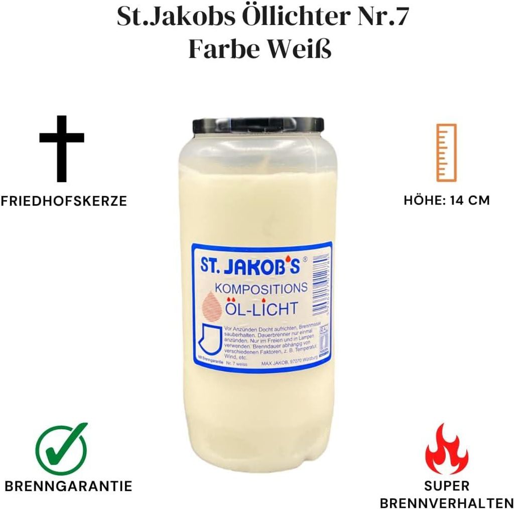 St. Jakobs Öllichter Nr. 7, weiß, 48 Stück, Grabkerzen, Grablicht, Grablampe, Grableuchte, Grabgestaltung, Brenndauer bis 7 Tage