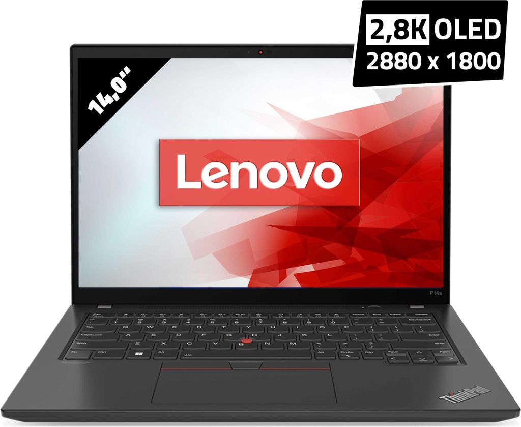 A Lenovo ThinkPad P14s laptop is shown from a front-facing angle, displaying its screen and keyboard.