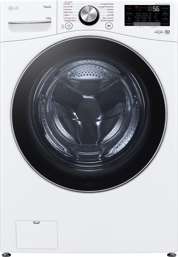 A front view of a white LG washing machine.