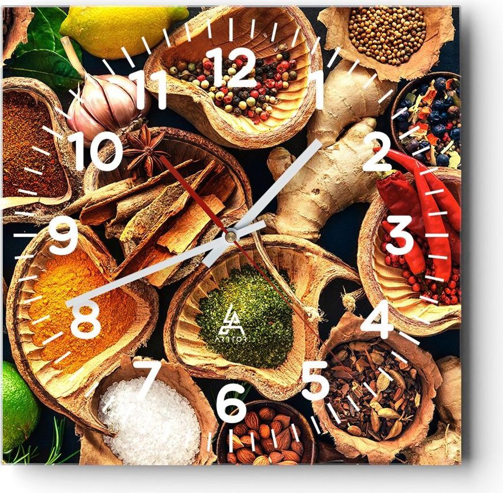 Wanduhr - Quadrat - Glasuhr - Küche Essen Kräuter Gewürze - 40x40cm - Schleichendes Uhrwerk - Lautlos - zum Aufhängen bereit - Dekoration Moder...