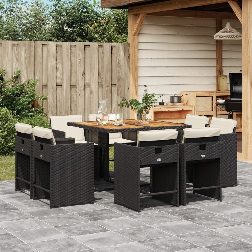 Möbel 9-tlg. Garten-Essgruppe mit Kissen Schwarz Poly Rattan - Balkonmöbel 3277970