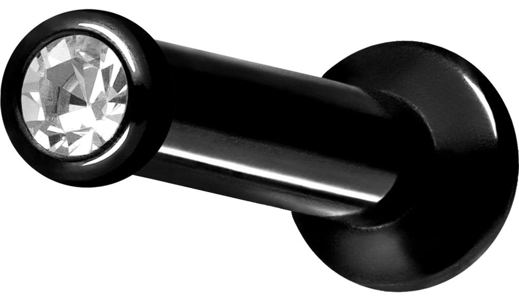 Ohrpiercing, Nasenpiercing Titan Triple Piercing Mini Labret mit Innengewinde FLAT-DISC + KRISTALL Schwarz Stablänge: 8mm | Discgröße: 1,5mm