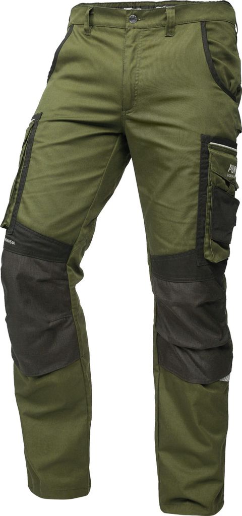 A pair of green work pants with black accents and pockets.