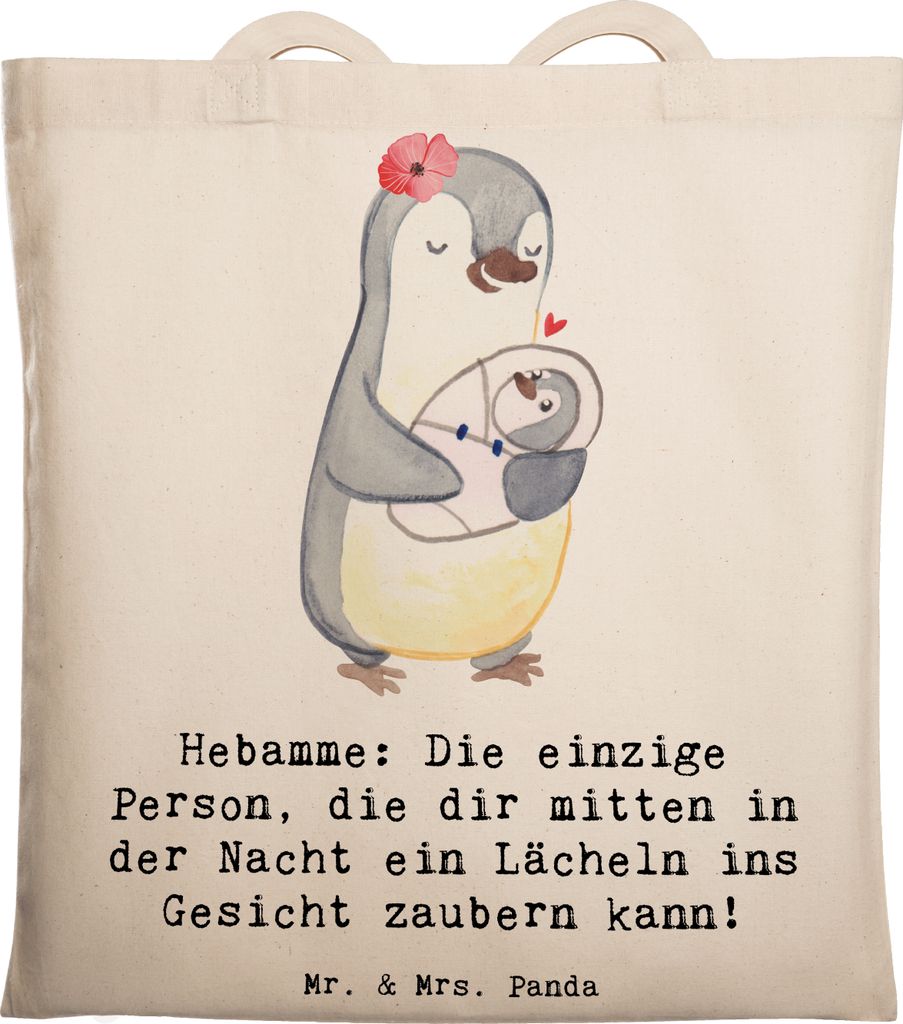 Mr. & Mrs. Panda Tote Bag Hebamme Lächeln - Transparent - Geschenk, Jutebeutel, canvas tasche, Fachkraft, Geschenke für Berufstätige, Nachsorge,...