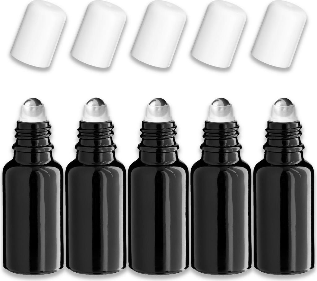 5x Glasflasche schwarz 20 ml Roll-on mit weißem Verschluss Set leer