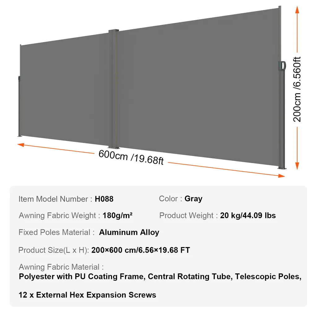 VEVOR Marquise Latérale 200 x 600 cm en Polyester Gris Rétractable - 7