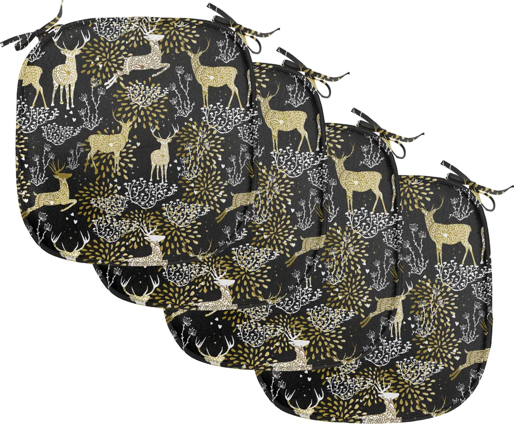 ABAKUHAUS Natale Imbottitura per sedie da sala da pranzo, Oriental Deer, Cuscino decorativo impermeabile con cinturini per sedie da cucina, 40 cm x 40 cm - confezione da 4, giallo bianco nero